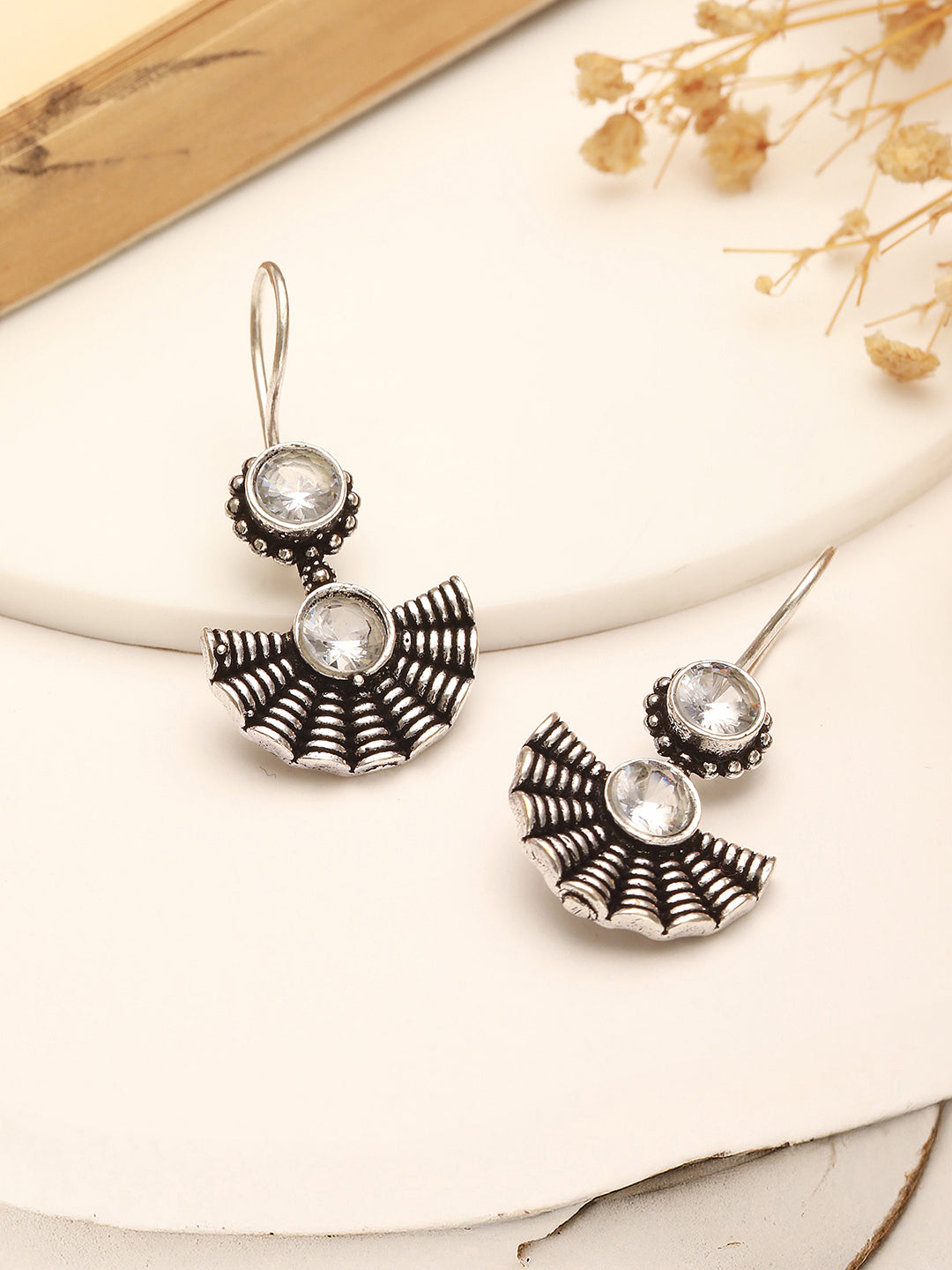 Oxidised Silver Plated White Stone Studded Minimal Fan Shaped Fishhook Earrings